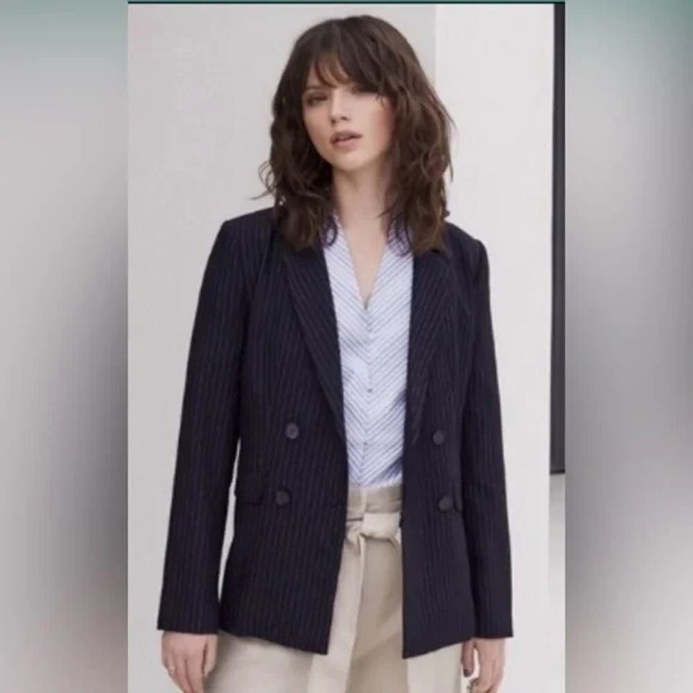 Halogen Women's No-Closure Navy and White Pinstripe Sz. Small Boxy Fit